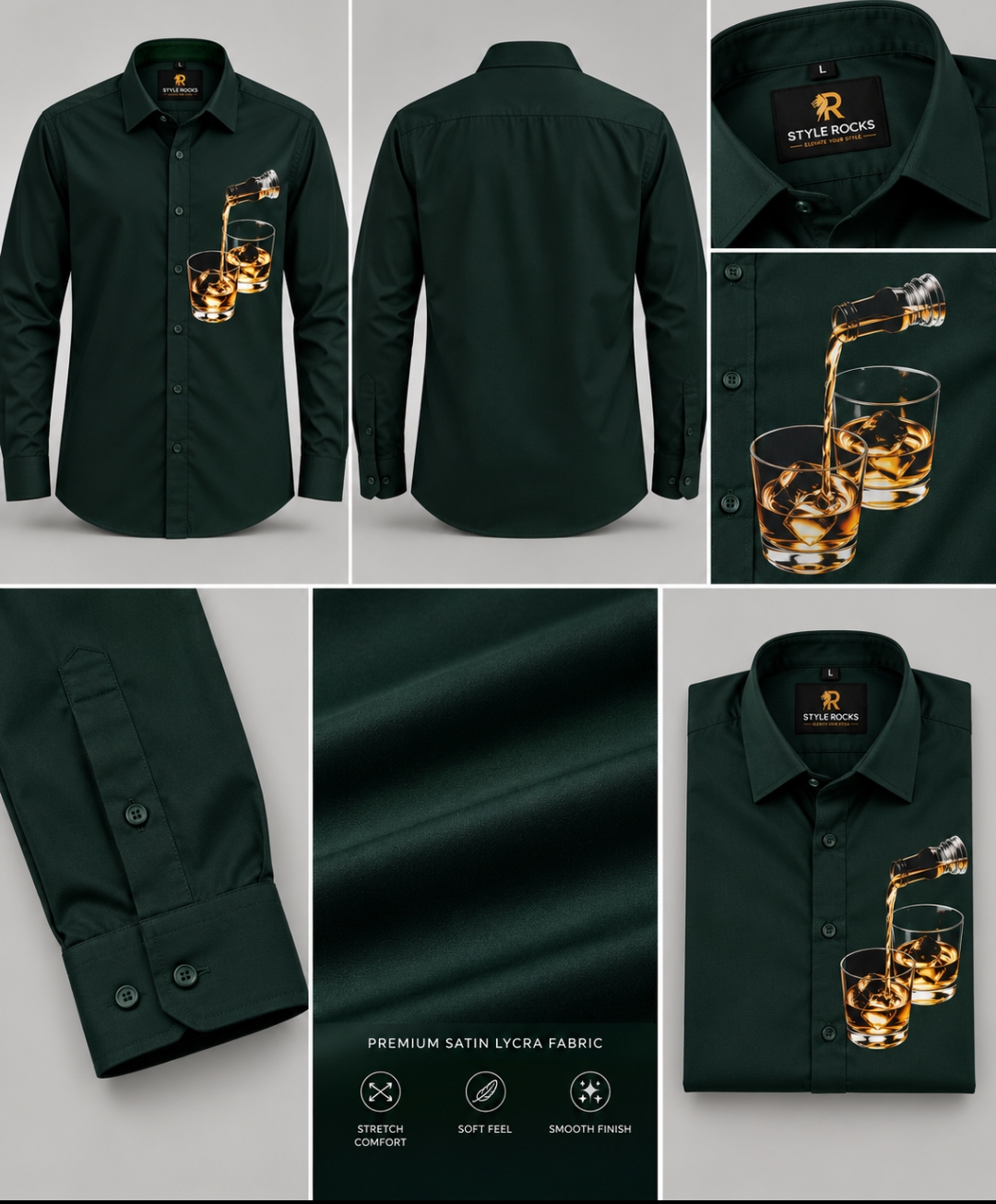 Premium Whiskey Glass Printed Satin Lycra Shirt