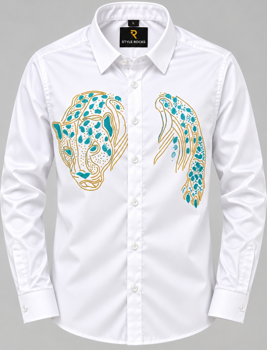 Premium Tiger Face Rhinestone Satin Lycra Shirt - Image 5