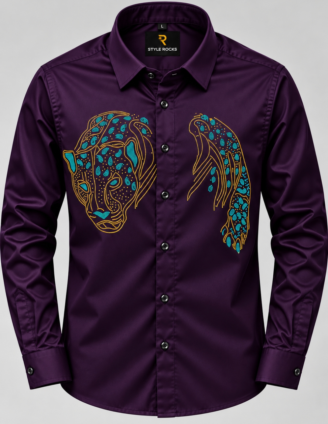 Premium Tiger Face Rhinestone Satin Lycra Shirt - Image 4