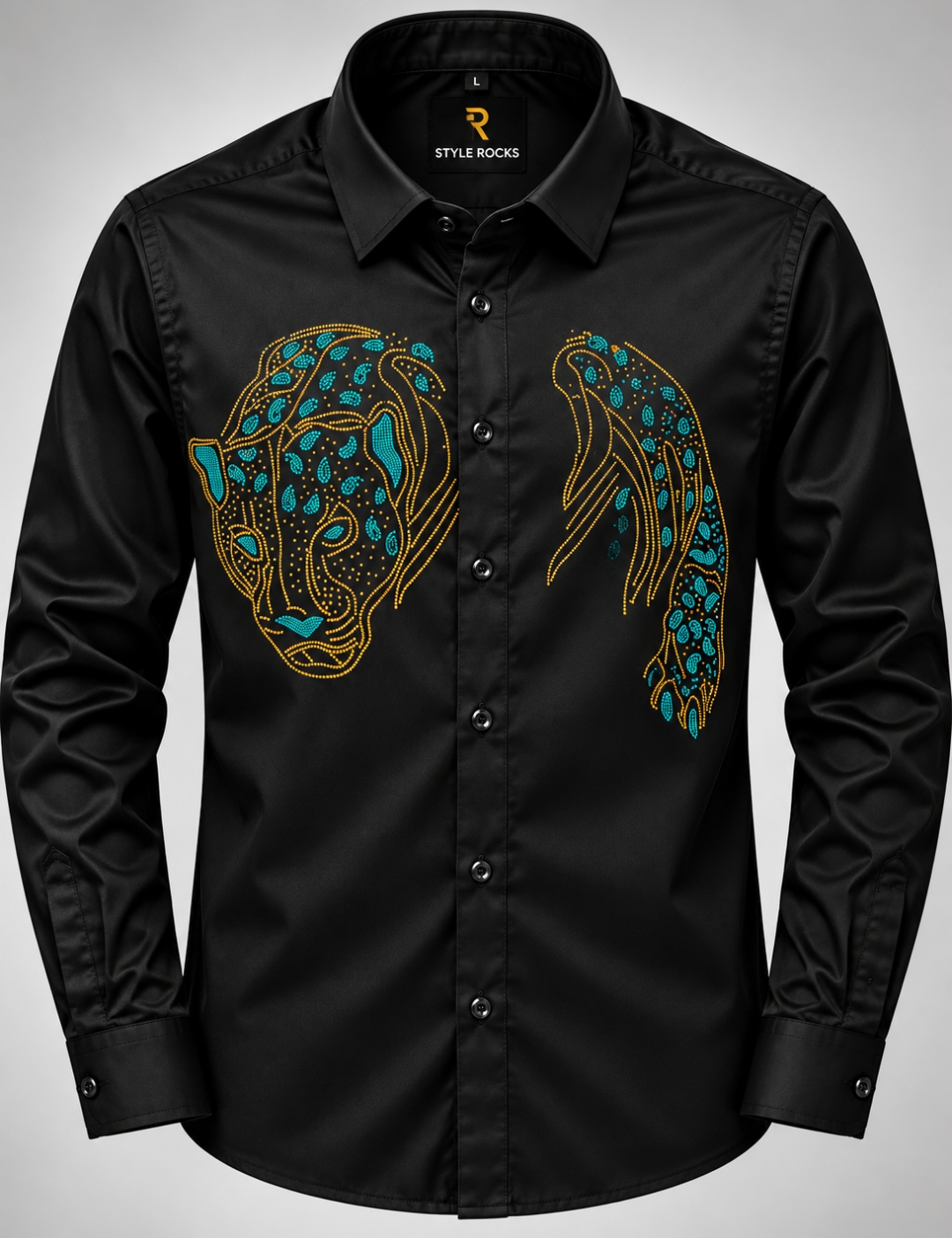 Premium Tiger Face Rhinestone Satin Lycra Shirt - Image 3