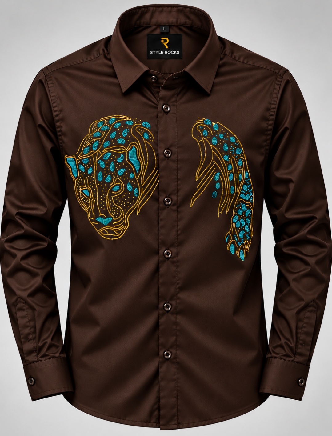 Premium Tiger Face Rhinestone Satin Lycra Shirt - Image 2